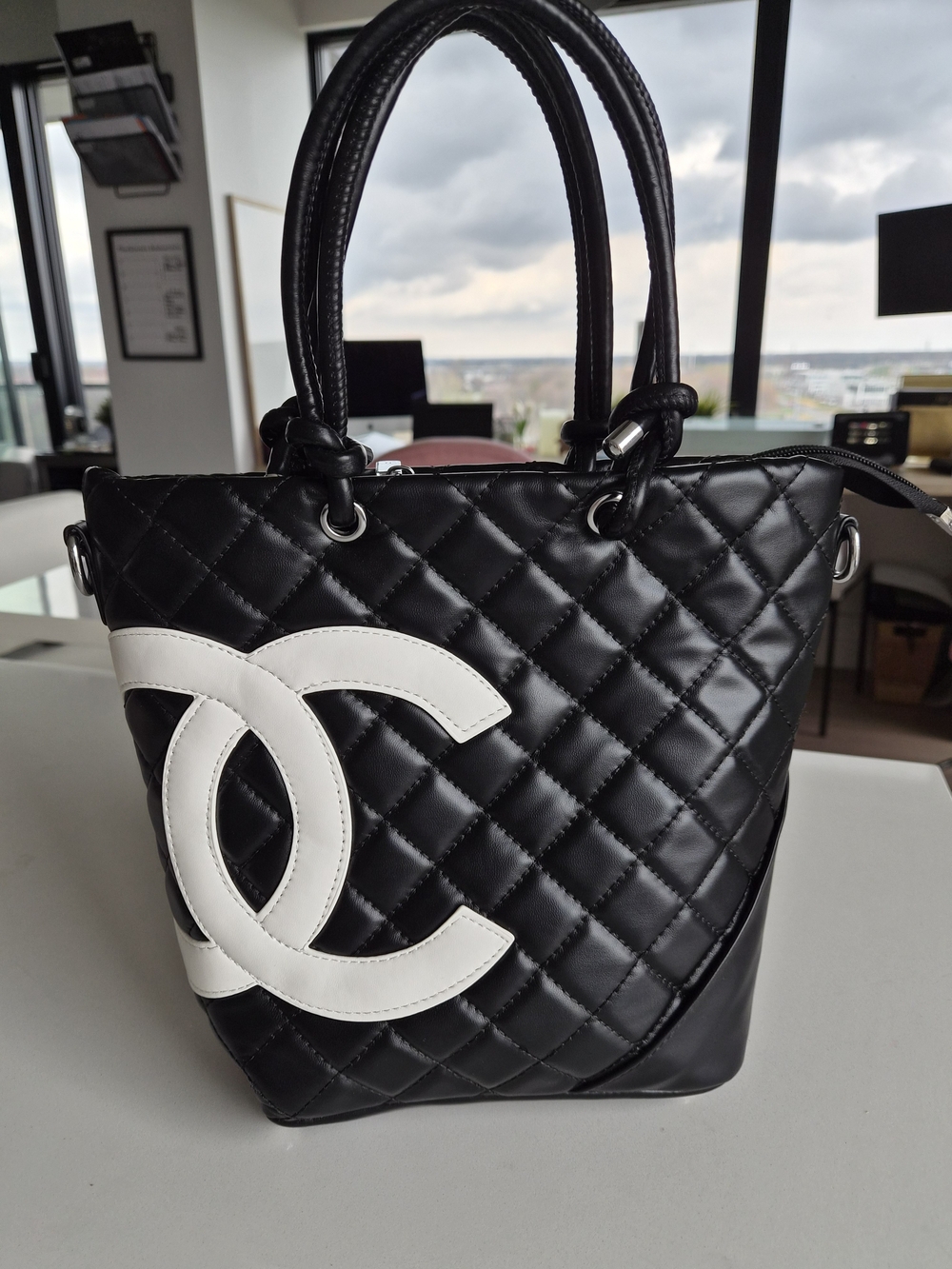 CHANEL Black Quilted Tote with White CC Logo